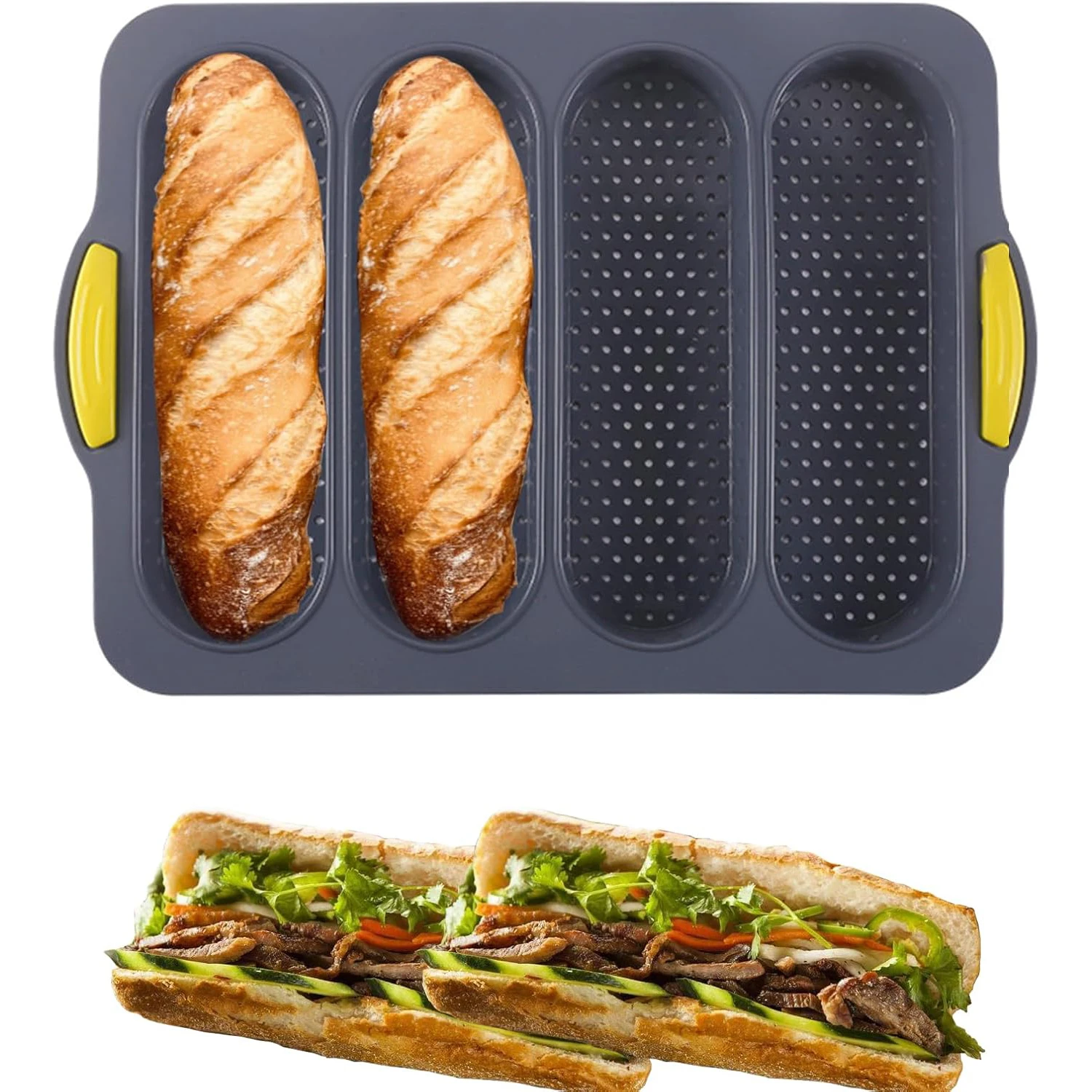 4-cavity Silicone Bread Loaf Pan Hamburger Bun Bread Baking Sandwich Baguette Mold Tray Non-stick Oven Tool Kitchen Accessories