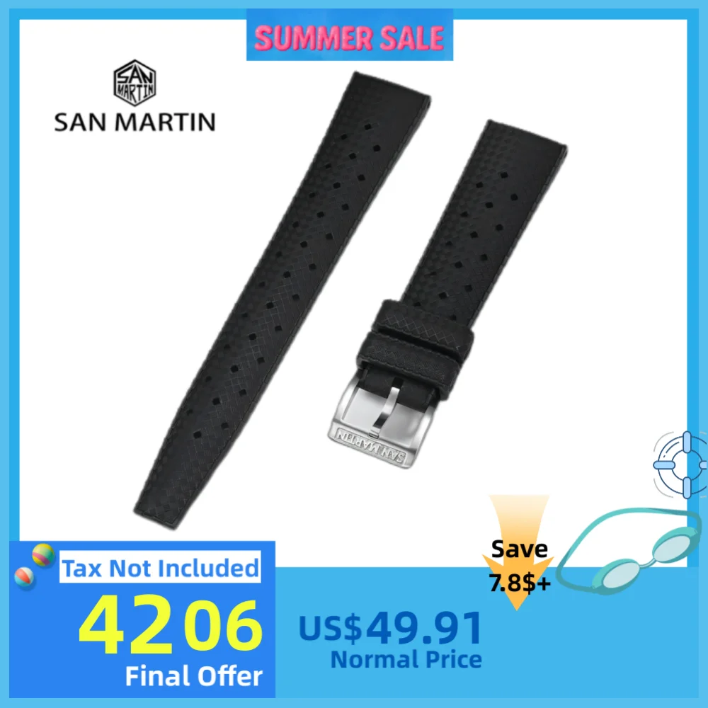 

Резиновый ремешок для часов San Martin FKM Premium, мягкий гибкий тропический ремешок для дайвинга в тропическом стиле, плоский интерфейс, SF0010, 20 мм