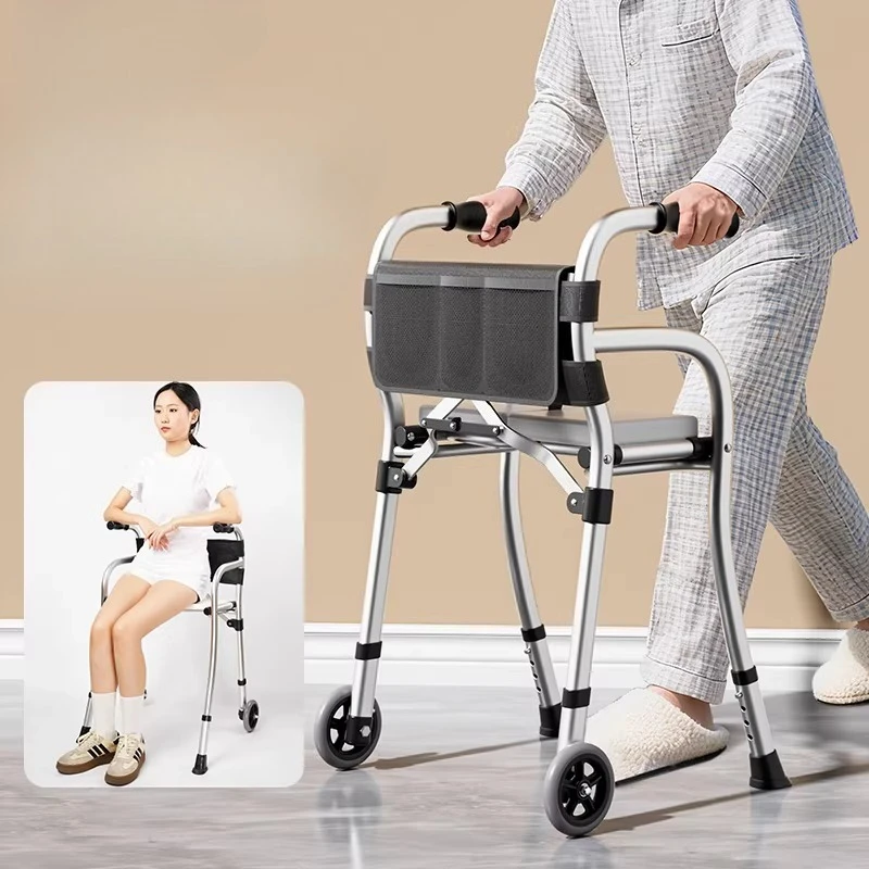 Aluminum Alloy Dual-Wheel Walker for Seniors Rehabilitation Walking Crutch Chairs Foldable Stand Up Rollator Walkers for Elderly