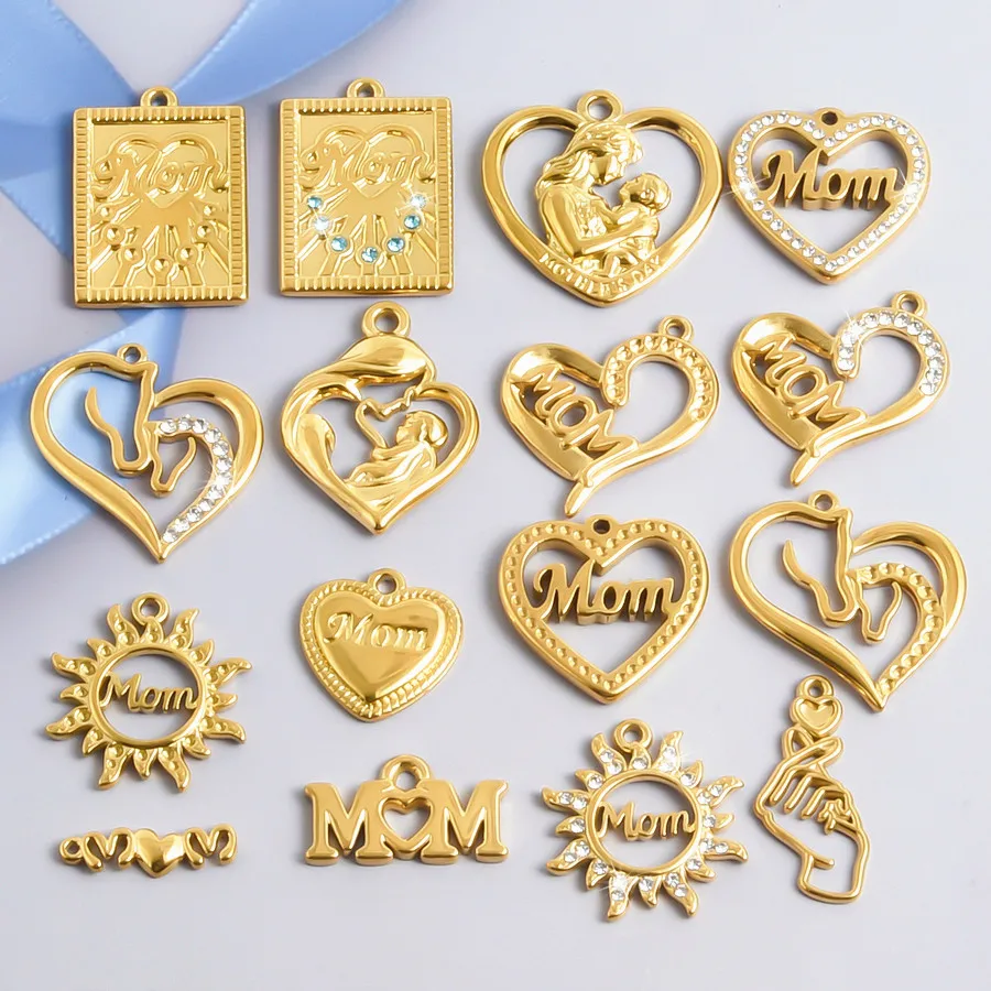 6pcs No Fade Real Gold Plated Sun Heart Mom Pendant Stainless Steel Mother's Day Charm For Jewelry Making Bulk Handmade Material