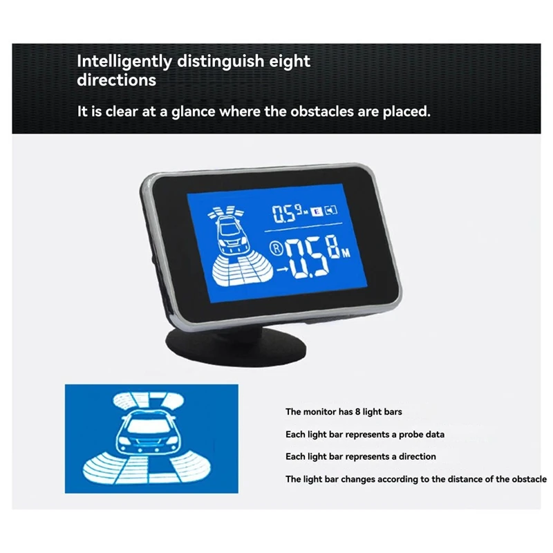 Car Parking Radar System with 8 Reverse Sensors Buzzer Warning Distance Detection for Auto Vehicle Garage Safety A-A12I