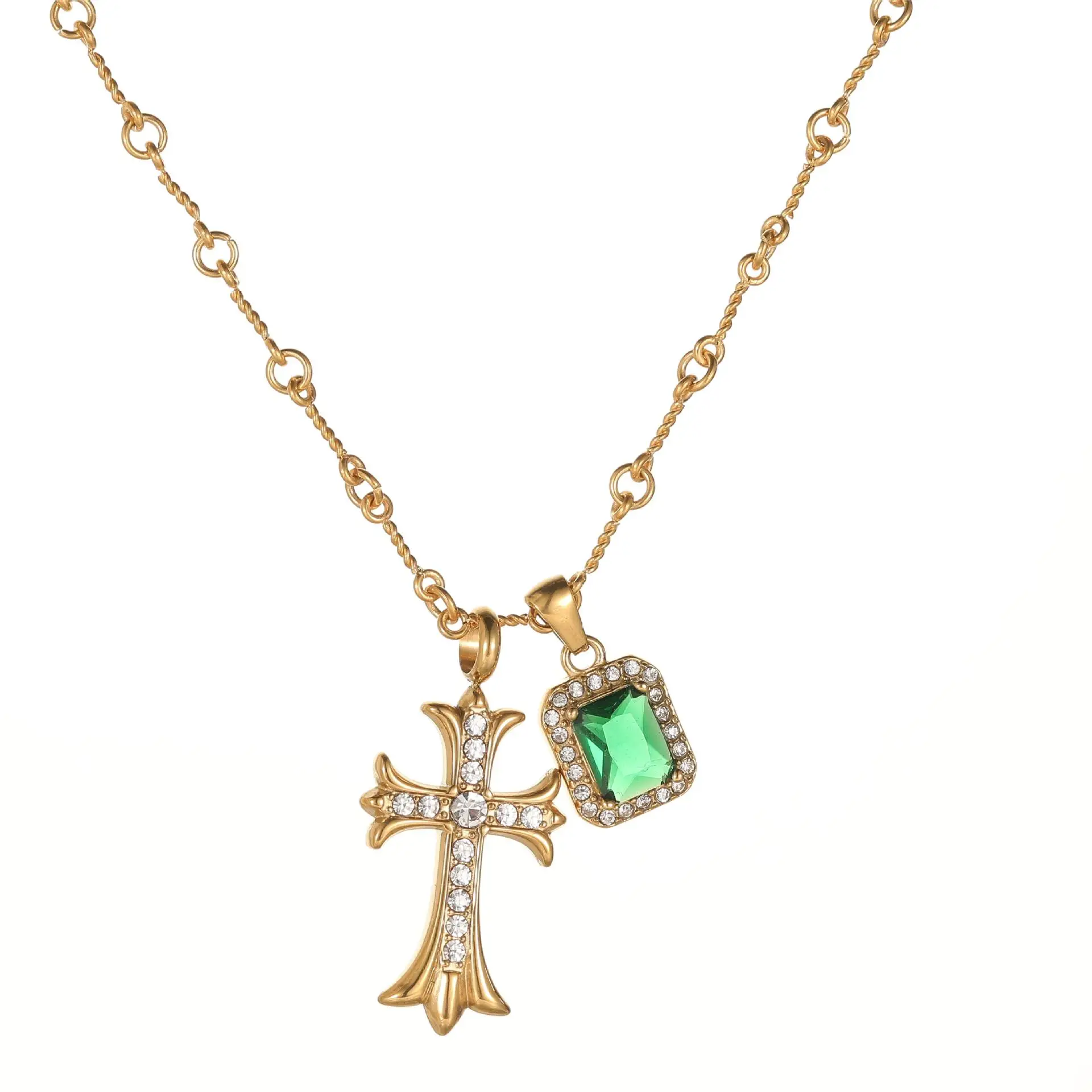 

Trendy Emerald and Diamond Cross Necklace Titanium Steel Hip Hop Jewelry for Unisex
