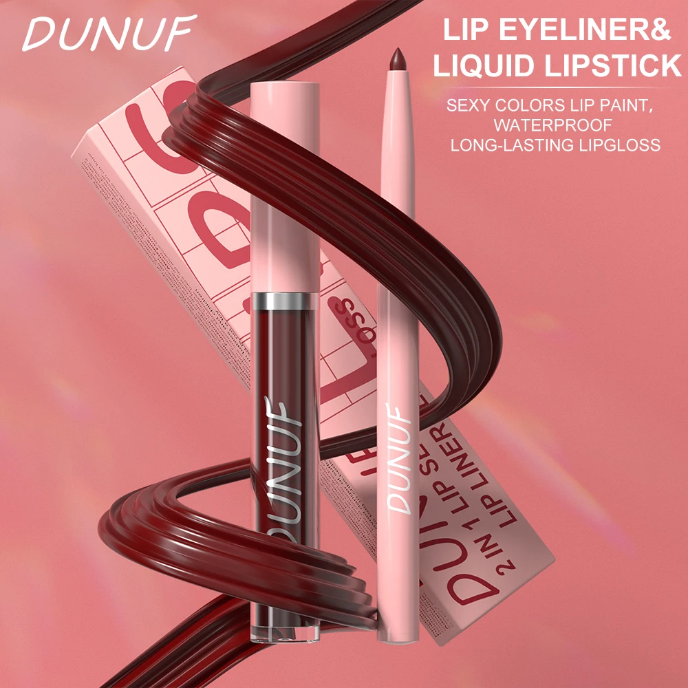 DUNUF 2 w 1, matowy błyszczyk do ust + zestaw kredek do ust Matte Nude Lip Liner Wodoodporna, długotrwała szminka w płynie Kontur ust dla kobiet