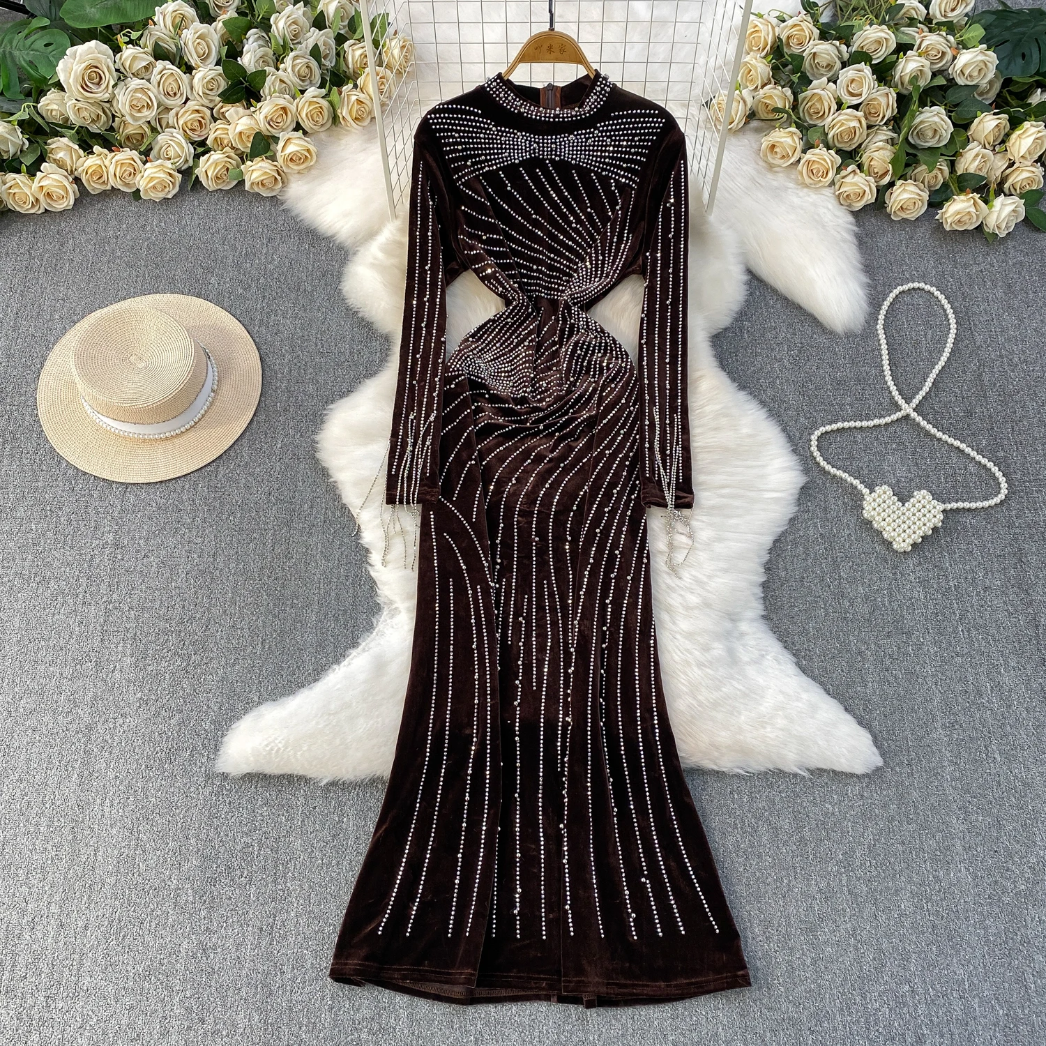 Französisch Chic Vintage Elegante velours meerjungfrau kleid Mode Herbst Vestidos Frauen zeremonie kleider