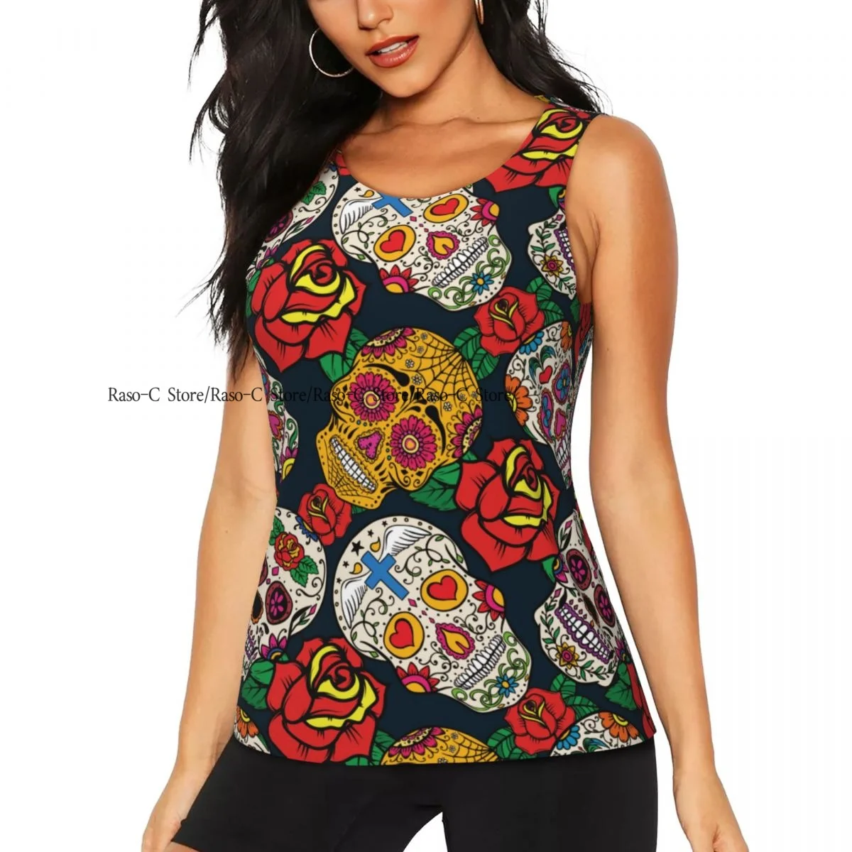 

Женские майки для тренировок, быстросохнущие спортивные рубашки без рукавов, мексиканский сахарный череп с розой, топы для занятий йогой в тренажерном зале