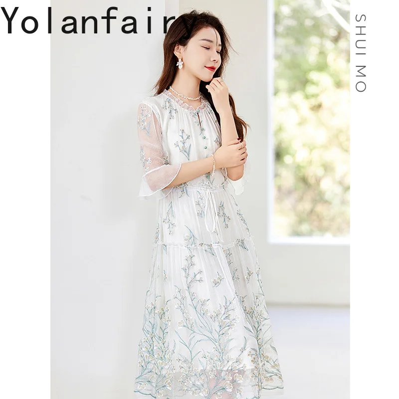 YOLANFAIRY 100% Natural Mulberry Silk Green Dress Summer 2025 High-end Embroidery Birthday Dresses Luxury Elegant Women Dress