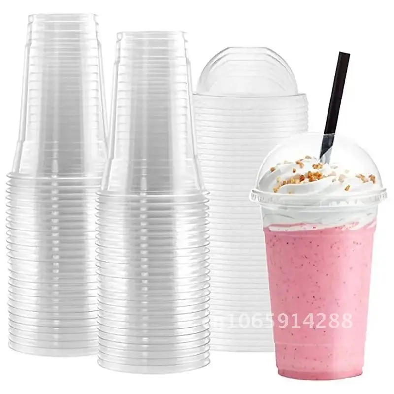 100/50 Sets 450ml Disposable Clear Cups Plastic a Hole Dome Lids Tea Juice Milkshake Tea with for Fruit Summer Drinks Cups Party