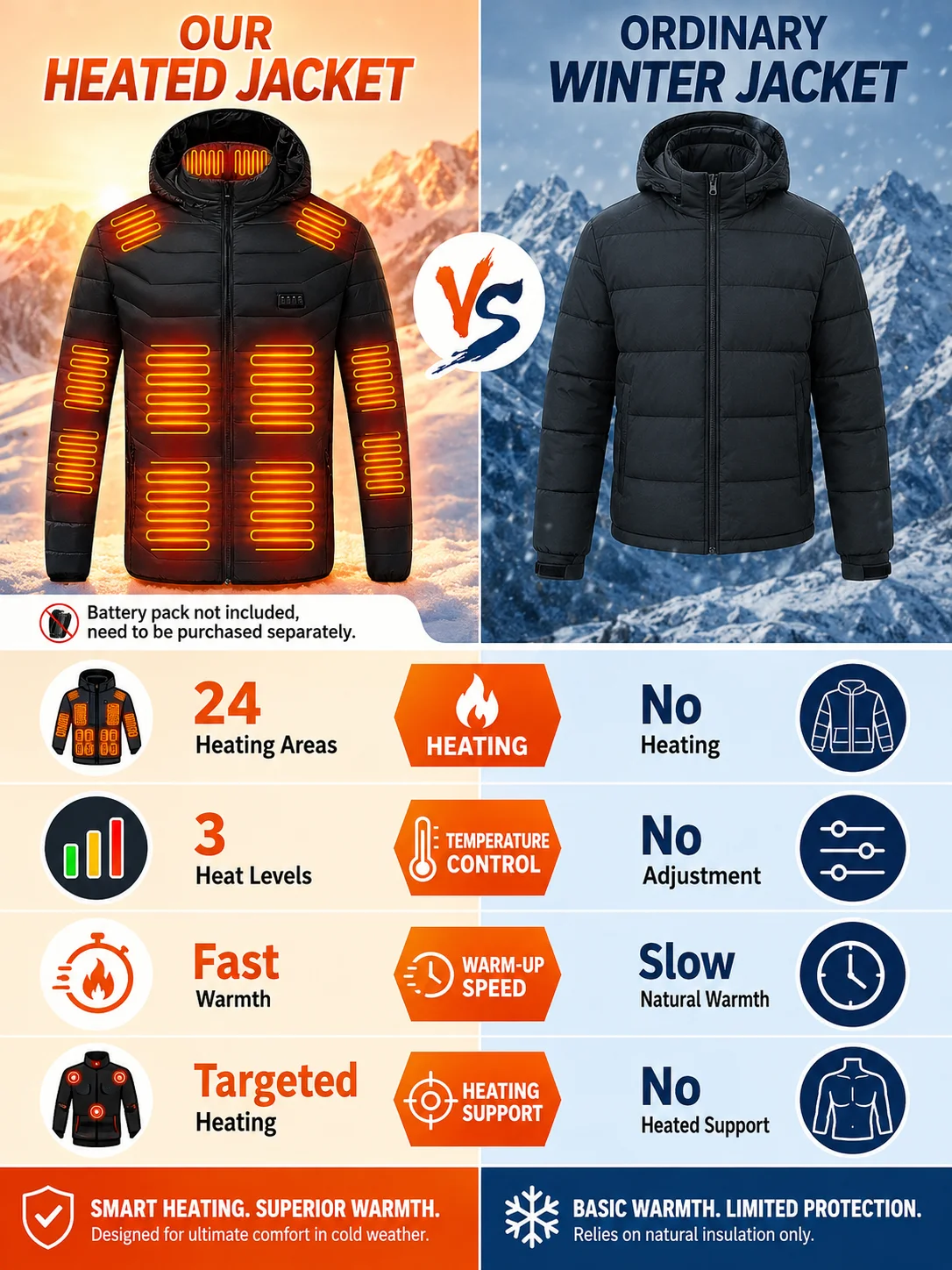 Men'S Heated Jacket with 3 Heat Settings, 24 Heating Zones, Hooded Winter Coat for Casual Outdoor Wear - Black, Polyester, Long Sleeve, Zip-Up, Four Control Buttons, Warmth for Autumn and Winter, Heated Jacket view 8