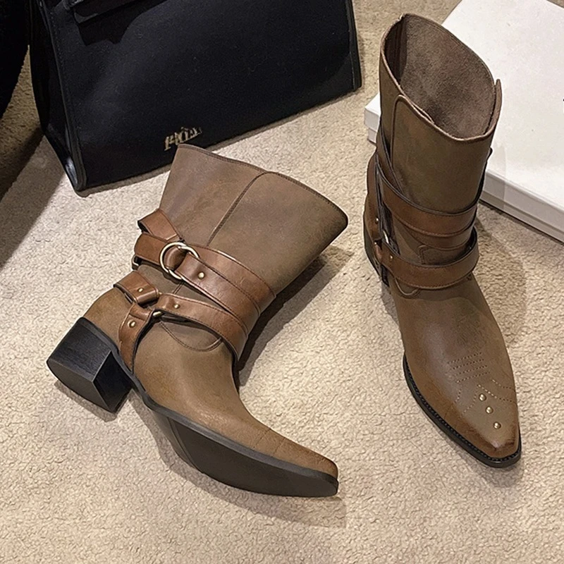 

Женские ковбойские сапоги с острым носком, модная обувь на массивном каблуке, зимние теплые зимние ботинки, дизайнерские женские ботинки Botas 2025 Zapatillas Mujer