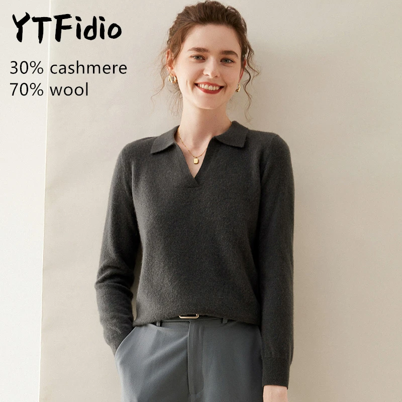 YTFidio Cashmere Merino Wool Sweater Women Long Sleeve POLO-neck Casual Jumpers Solid Knitwear Pullover Tops 103