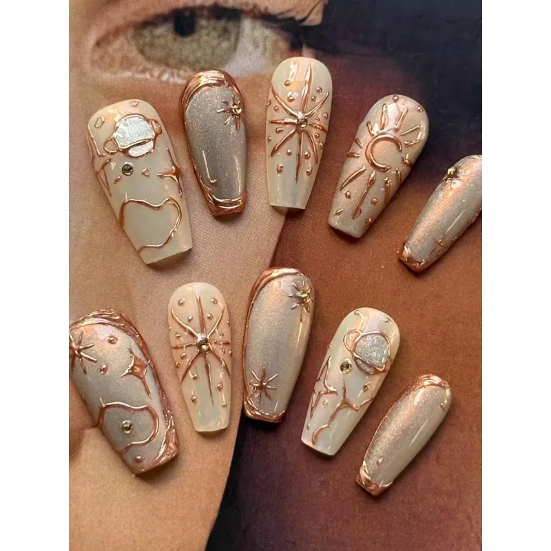 

10pcs Handmade Nails American Style Medium Length Coffin Shaped Champagne Gold 3D Hand-Painted Cosmic Moon Universe Radiant