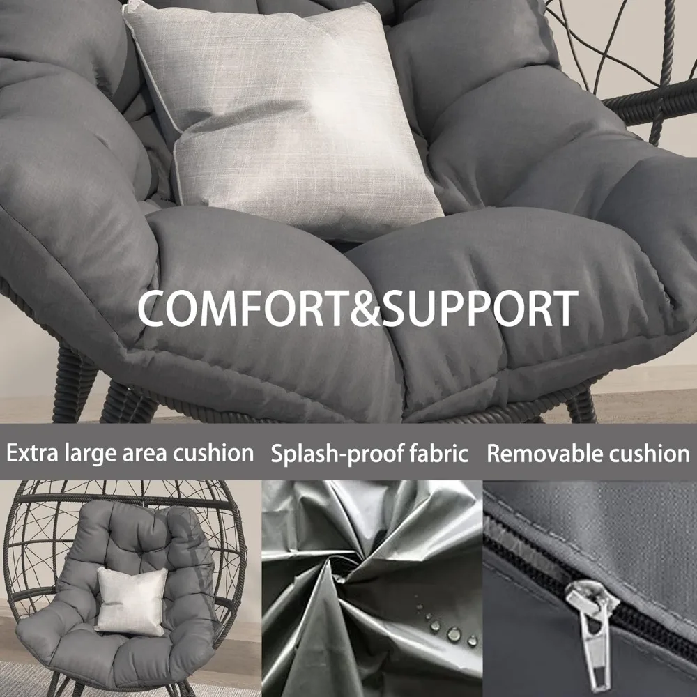 كرسي بيضة من الخيزران كبير الحجم، كرسي صالة سلة بيض داخلي خارجي مع وسادة كبيرة لغرفة المعيشة في الفناء الخلفي والحديقة (رمادي)