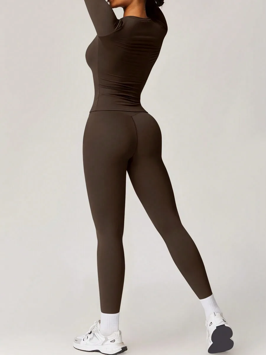 

2-Piece Set Women Long Sleeve Crop Top High Waist Biker Pants Sportswear Gym Workout Outfit