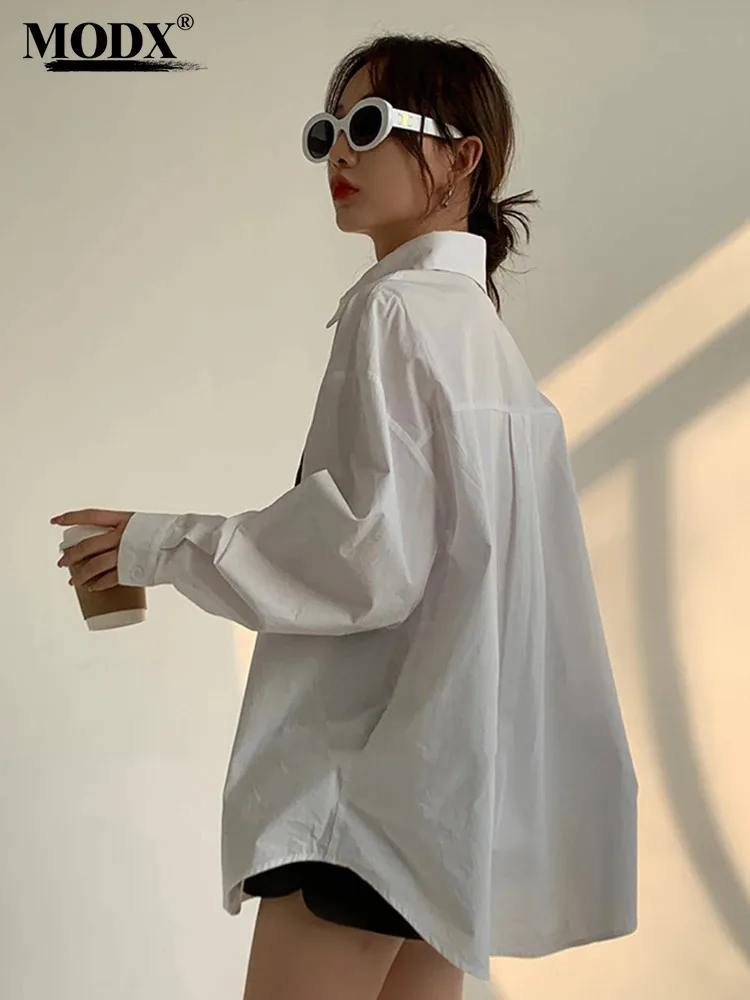 

[modx] White Color-block Big Size Casual Blouse Women New Lapel Long Sleeve Loose Fit Shirt Fashion Tide Spring Autumn 2024