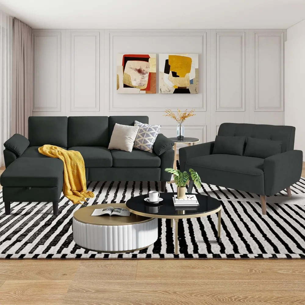 

79 "convertible combination sofa set, modern linen small L-shaped sofa with reversible recliner, 3 seat sofa