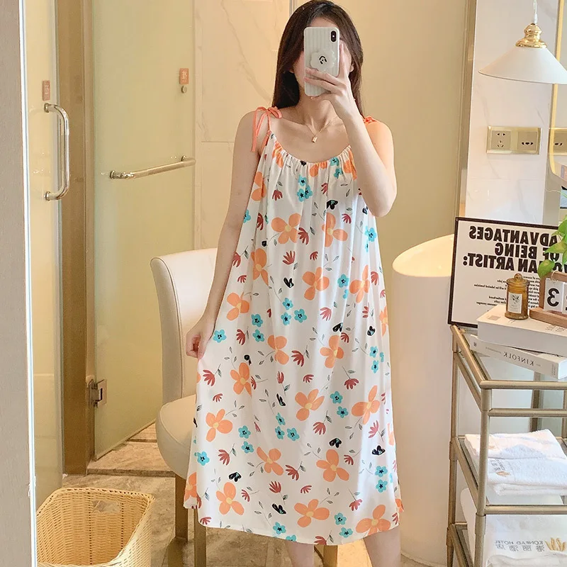 Schoolgirl Nightdress Cotton Silk Sling Outerwear Dress thin Night Gown Women Summer Dress