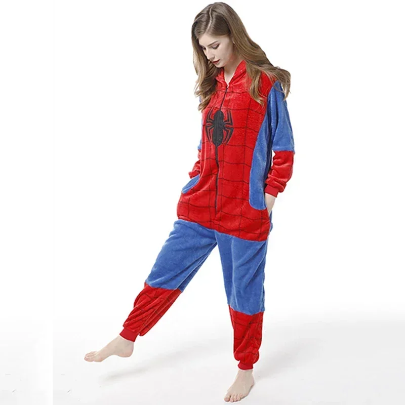 Adult Spider Man Pajamas Costume Superhero Spiderman Cosplay Flannel Hooded Sleepwear Jumpsuit Halloween Pajamas for Men Women