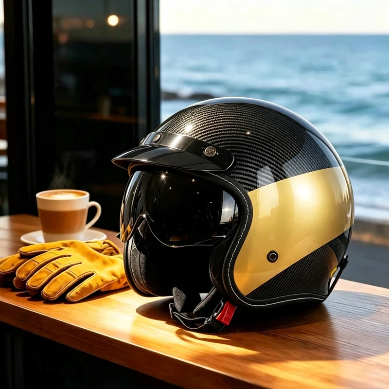 New Trend Retro Personality Half Helmet Motorcycle Helmet Retro Cruise Motorcycle Pedal Helmet Three-Quarters with Sunshade Safe