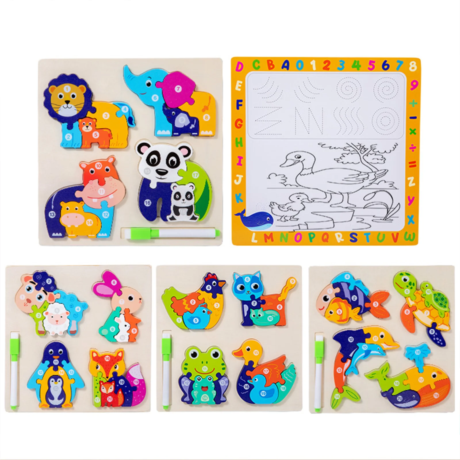 

TUNJILOOL Montessori Wooden Cartoon Animal Puzzle Drawing Writing Board 2 in 1 Learning Education Toys For Children Kids Gift