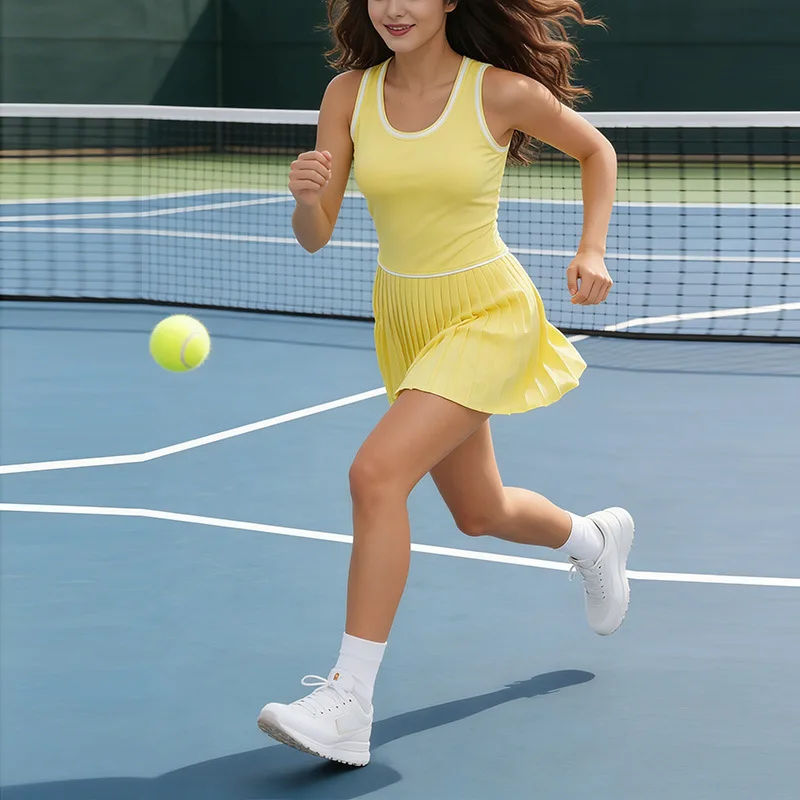 New Naked Breathable Sleeveless Sports Dress Women's Running Fitness Pleated Skirt Anti-walking Tennis Skirt