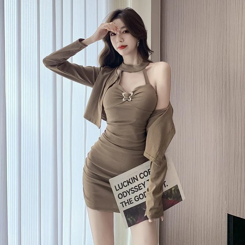 

Vintage Hong Kong Style Sweet Cool Retro Chic Hot Girl Sexy Pure Desire Halter Dress Cardigan Two Piece Set Women