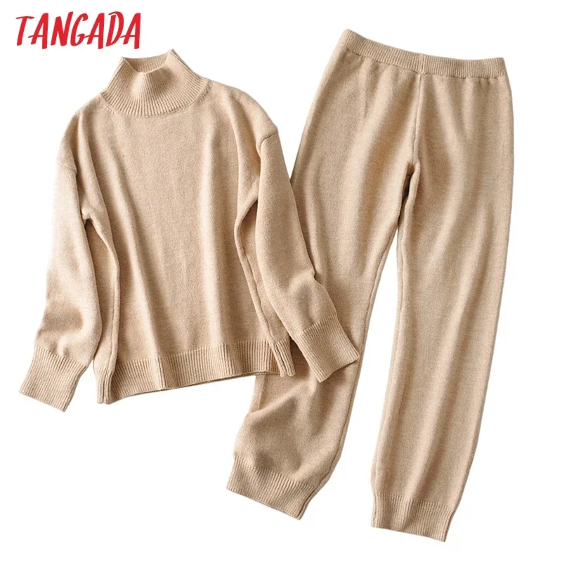 Tangada 2020 Autumn Winter Women thick soft knit suit 2 pieces sets turtleneck pullovers long knitted pants knitted suits AI29