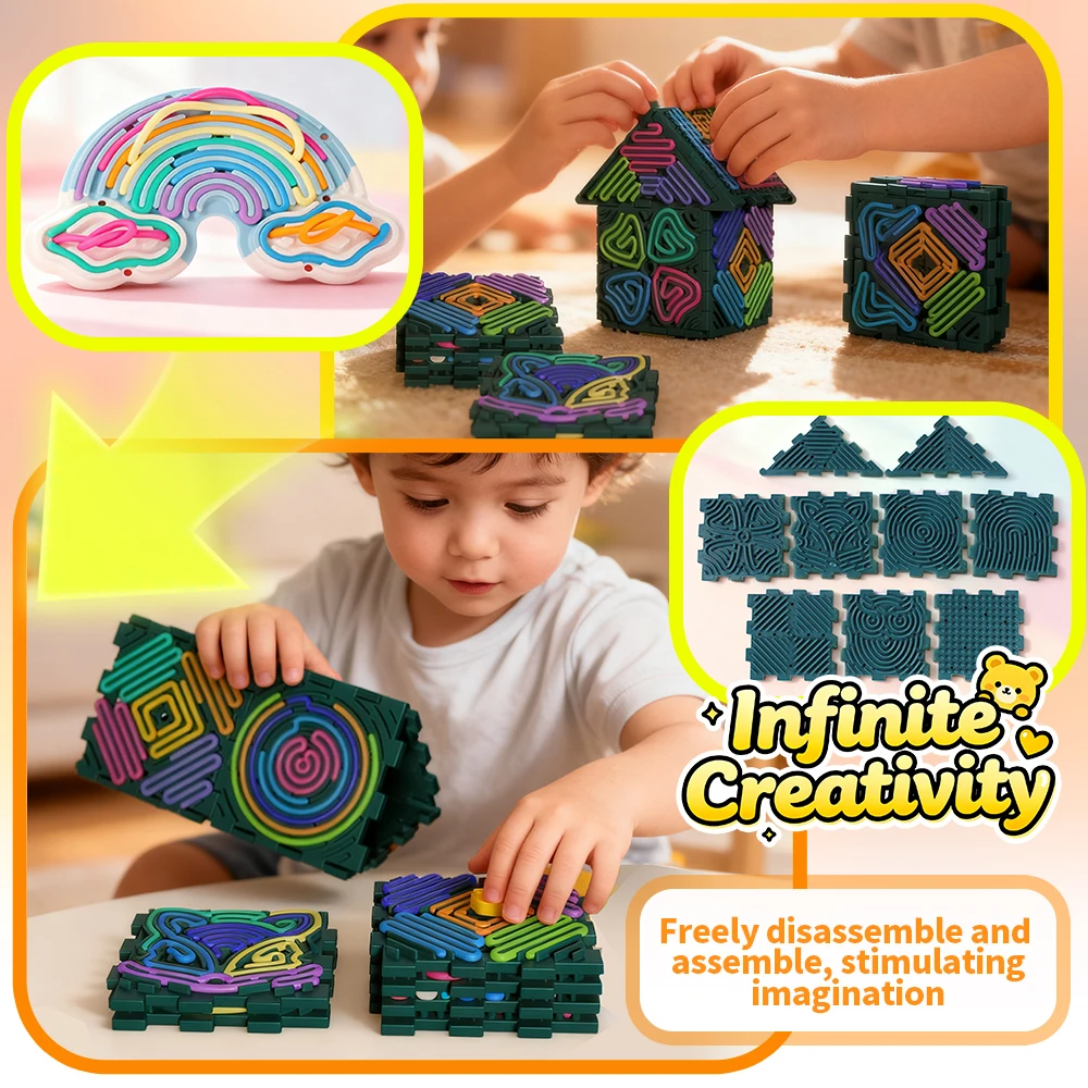 Giocattoli sensoriali 3D Fidget, giocattolo Fidget cubo in silicone e tabellone attività con corde, silenzioso sollievo dall'ansia da stress per bambini 3+, adulto