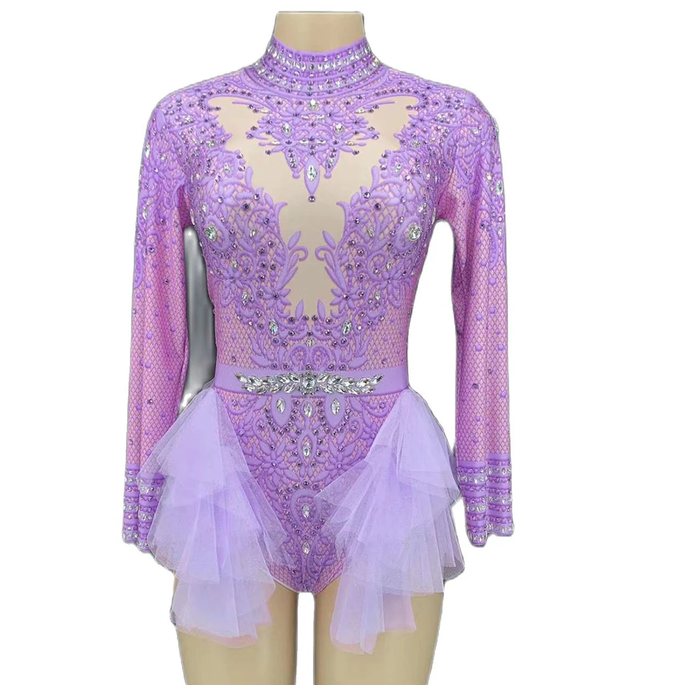 Multicolored Shining Rhinestones Sexy Long Sleeves Gauze Bodysuit For Women Prom Dance Clothing Stage Singer Costume Party Wear