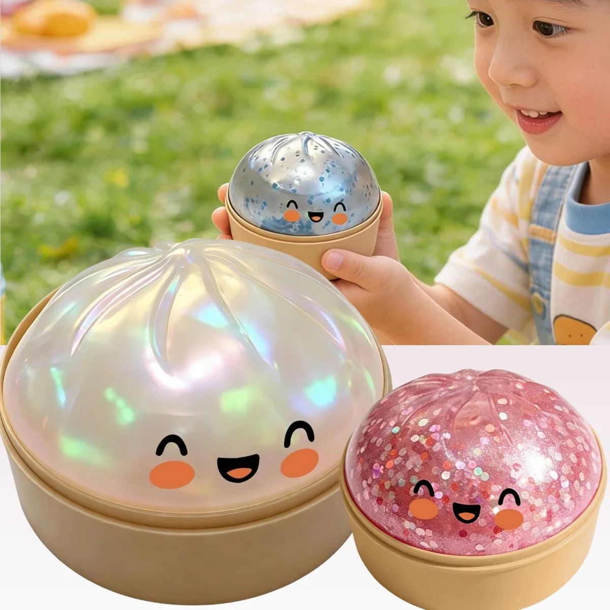 Brinquedo de Pãozinho Fofo de Crescimento Lento com Glitter, Bola Antiestresse Elástica Realista de Pãozinho Cozido a Vapor, Brinquedo Fidget para Alívio do Estresse no Escritório e em Viagens