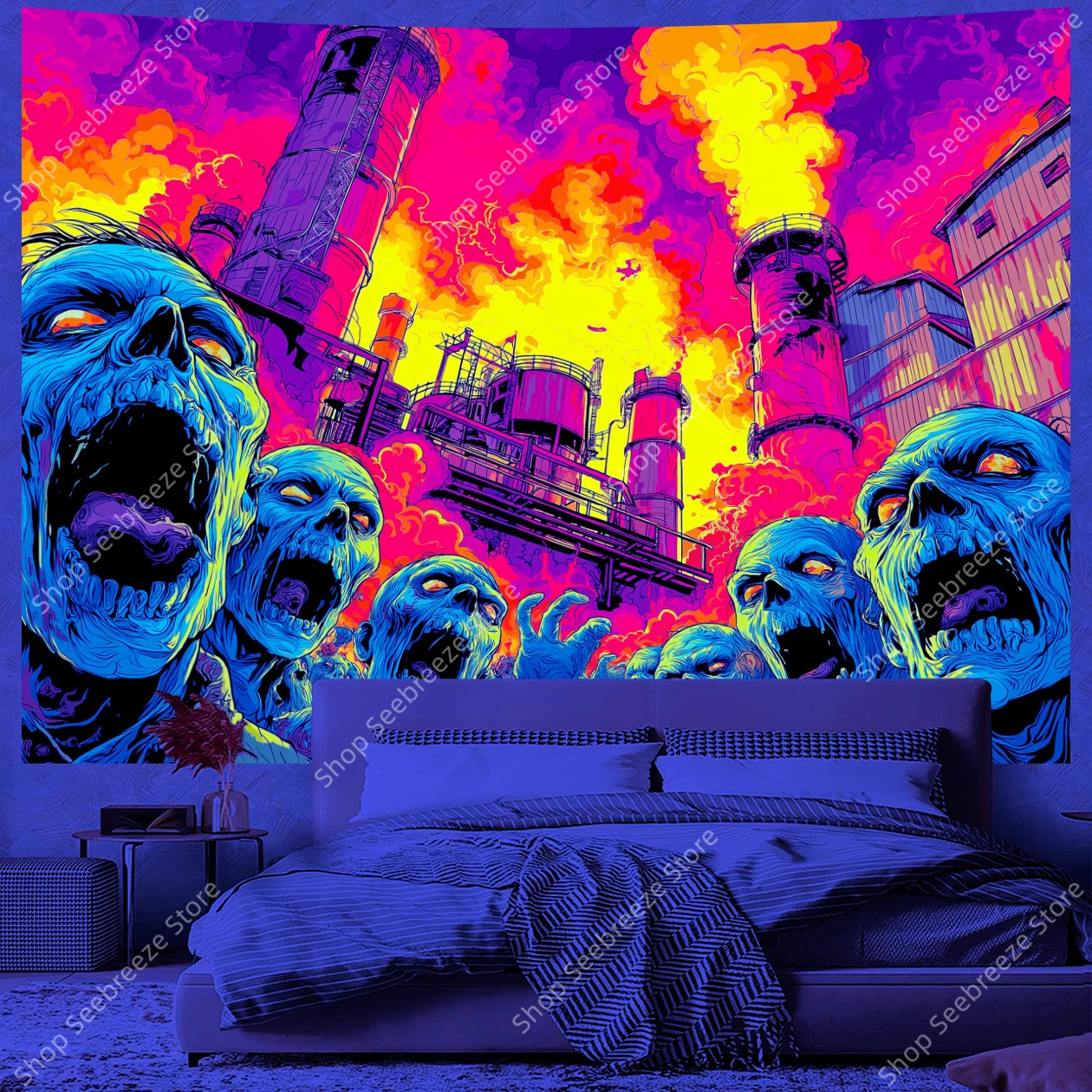 Zombie Apocalypse UV Tapestry Industrial Horror Scene with Glowing Eyes and Fire Background for Bedroom Wall Office Decor