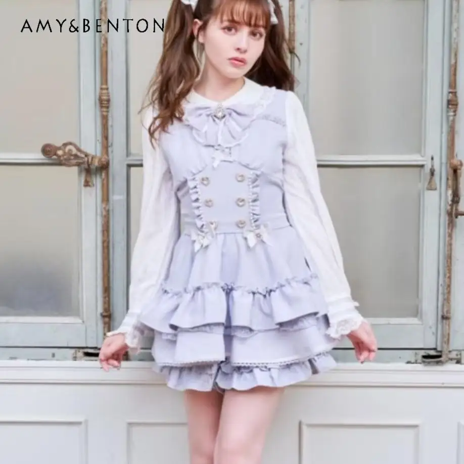 

Japanese Cute Girl Multi-layer Cake Dress Set Liz New Bow Doll Collar Long Sleeve Slim Dress Shorts Two-piece Set Women Lolita