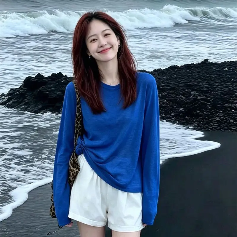 Loose Simplicity Solid Korean Tops Tees Summer New Thin Long Sleeve Lazy Style Youth T Shirts Fashion Casual Trend Women Clothes