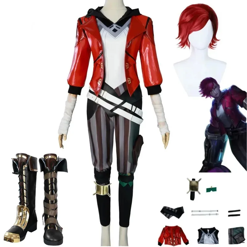 게임 LOL 리그 오브 레전드 비 필트오버 엔포서 코스프레 의상 레드 PU 코트 전투복 가발 신발 남녀 공용 카니발 의상