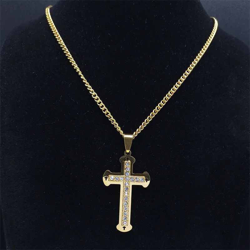 Kalung Salib Yesus Kristen Hip Hop untuk Wanita Hadiah Perhiasan Kalung Religius Berlapis Emas Baja Tahan Karat Berlian Imitasi N6591