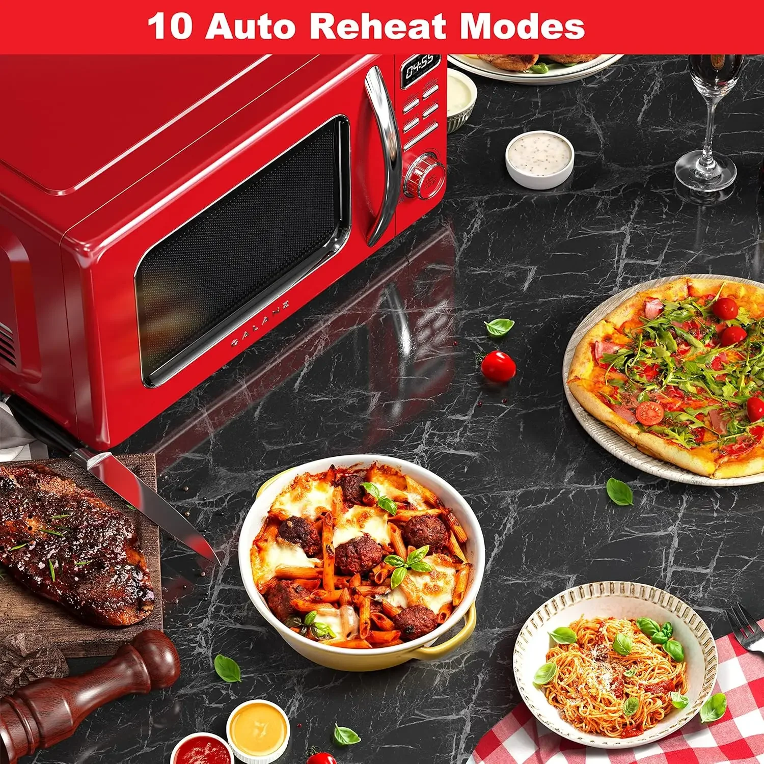 GLCMKZ11RDR10 Retro Countertop Microwave Oven with Auto Cook & Reheat, Defrost, Quick Start Functions, Easy Clean with Glass Tur