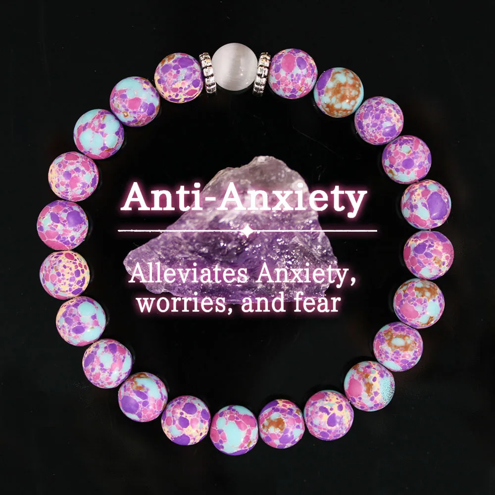 Handmade Violet Cat's Eye Stone Bracelet, Natural Bead Anti-Anxiety Energy, Fixed Size Mindfulness Jewelry