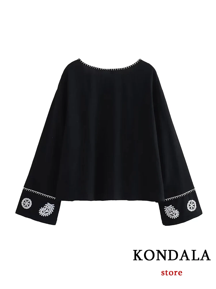 KONDALA Vintage Black Embroidery 100% Cotton Shirts Women Long Sleeve V Neck Oversized Shirts Female Fashion 2023 Summer Tops