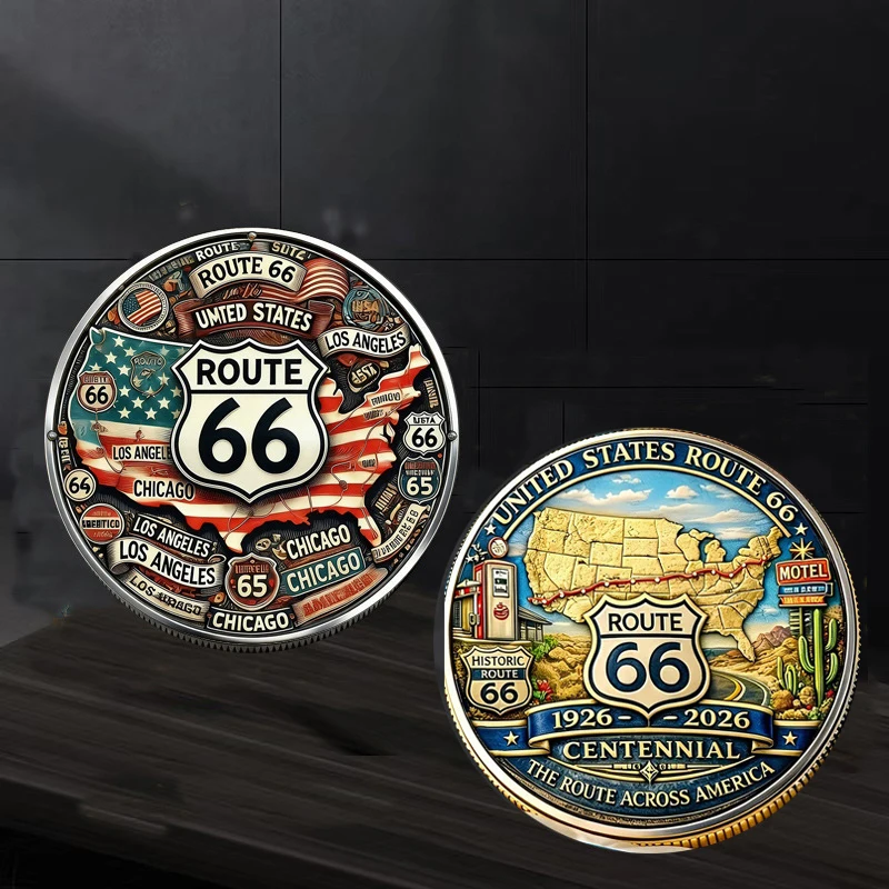 1pc US Route 66 Commemorative Coin 100th Anniversary of Automobile Highway Challenge Coin American Road Trip Souvenir Gifts