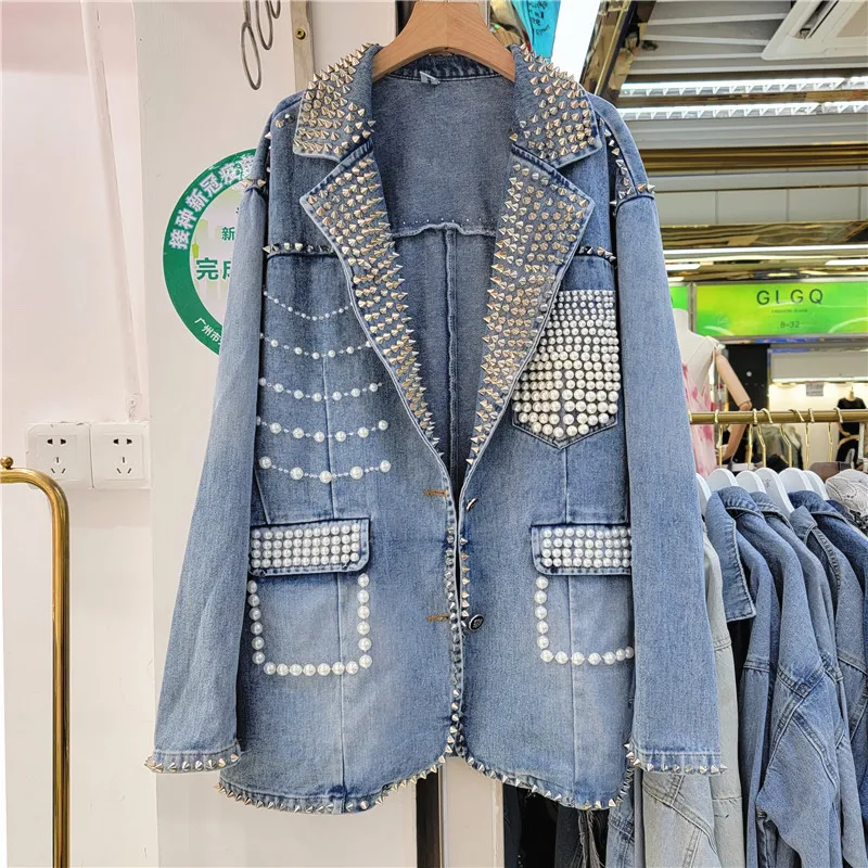 2022 autumn new rivet beaded blue denim jacket women\'s pocket casual coat