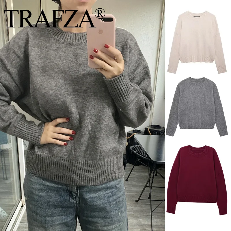 TRAFZA 2024 Women Gray Sweater Autumn Winter Long Sleeve Versatile Casual Loose Pullover O-Neck Solid Knitted Cropped Sweater