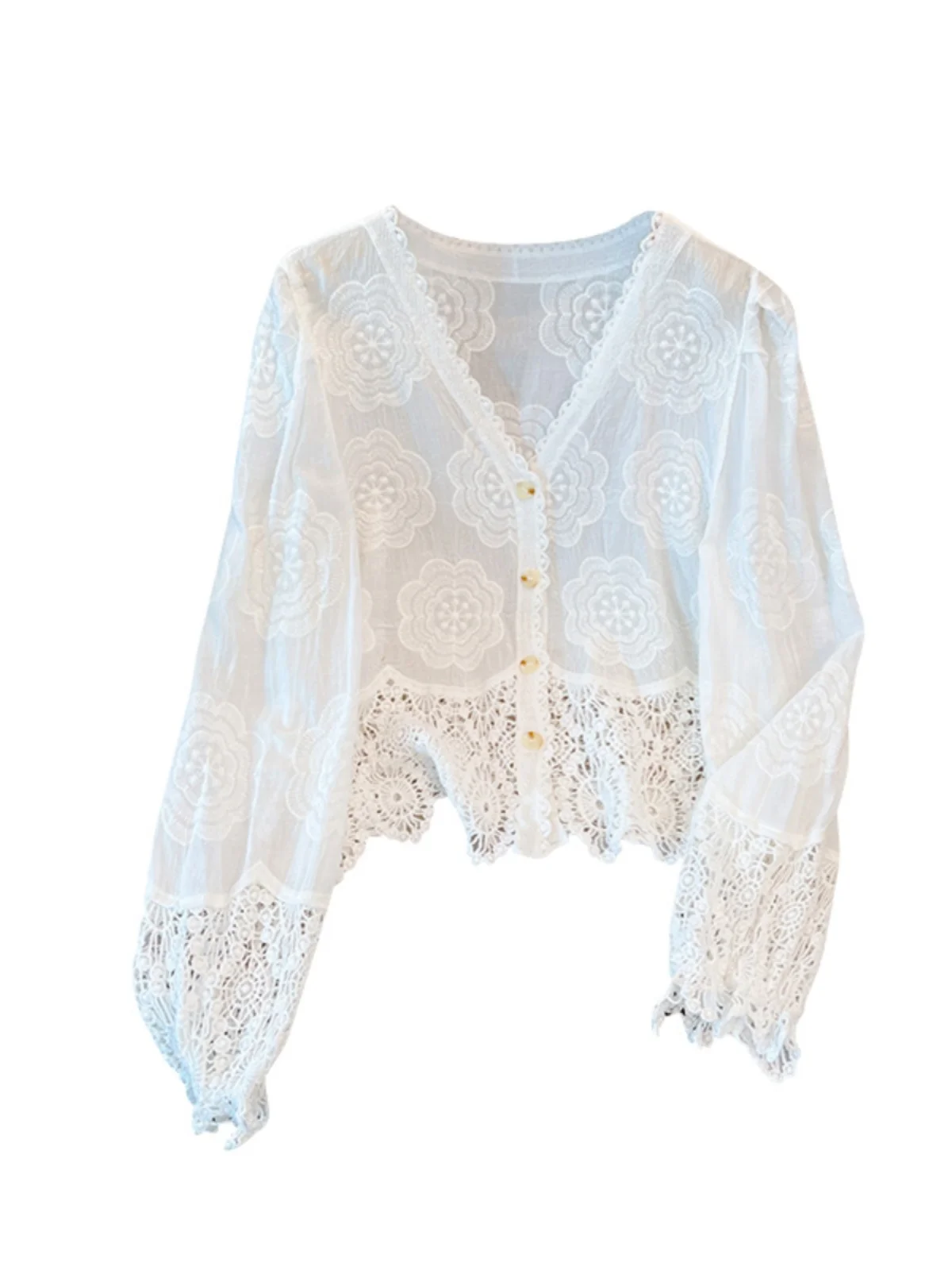 Ele Embroidered Long Sve Lace irt Hollow out Design Early Autumn Sle Women's Premium Quali Top Button up V Ne