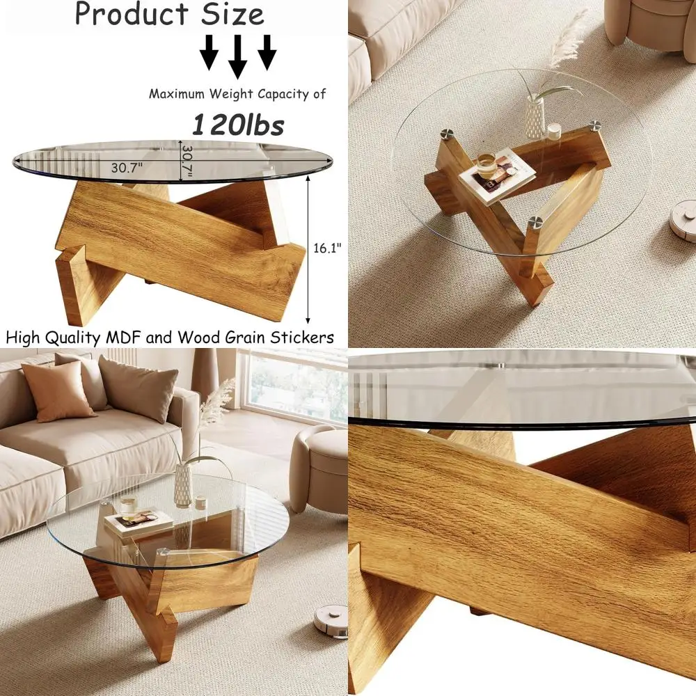 

Natural Wood 30.7 Round Tempered Glass Coffee Table for Living Room