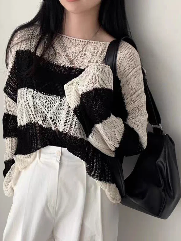 

Ретро-свитер женский вязаный свободного кроя с длинными рукавами, в полоску, тонкий, с защитой от солнца, в стиле колор-блок, вязаная накидка