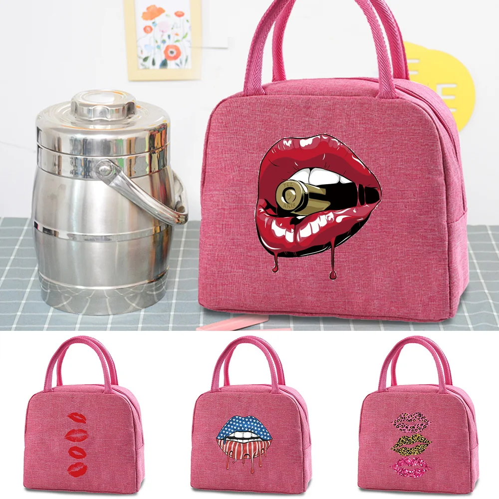 

Mouth Print Insulated Lunch Box Bag New Cooler Picnic Bag Fashion Canvas Lunch Bag School Food Dinner Bag Camping Travel Handbag