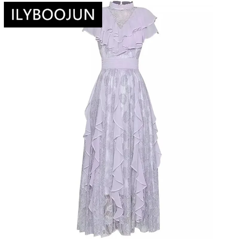 

ILYBOOJUN Summer Women's Dress Stand Collar Butterfly sleeve High Waiste Lace Splicing Flounced Edge Bohemian Holiday Dresses