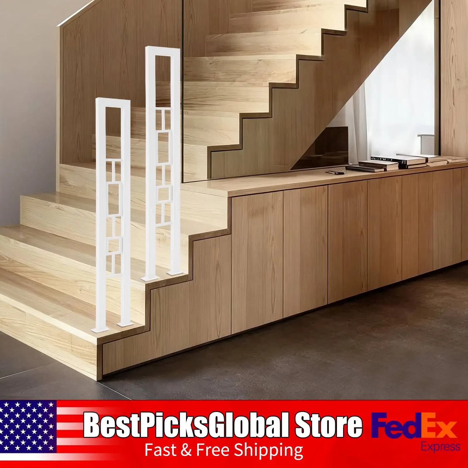 2 قطعة درابزين درج بارتفاع 35.43 بوصة على شكل حرف U، أبيض/أسود، مستطيل + نمط مربع، أقطاب دعم أمان من الحديد المزخرف #4