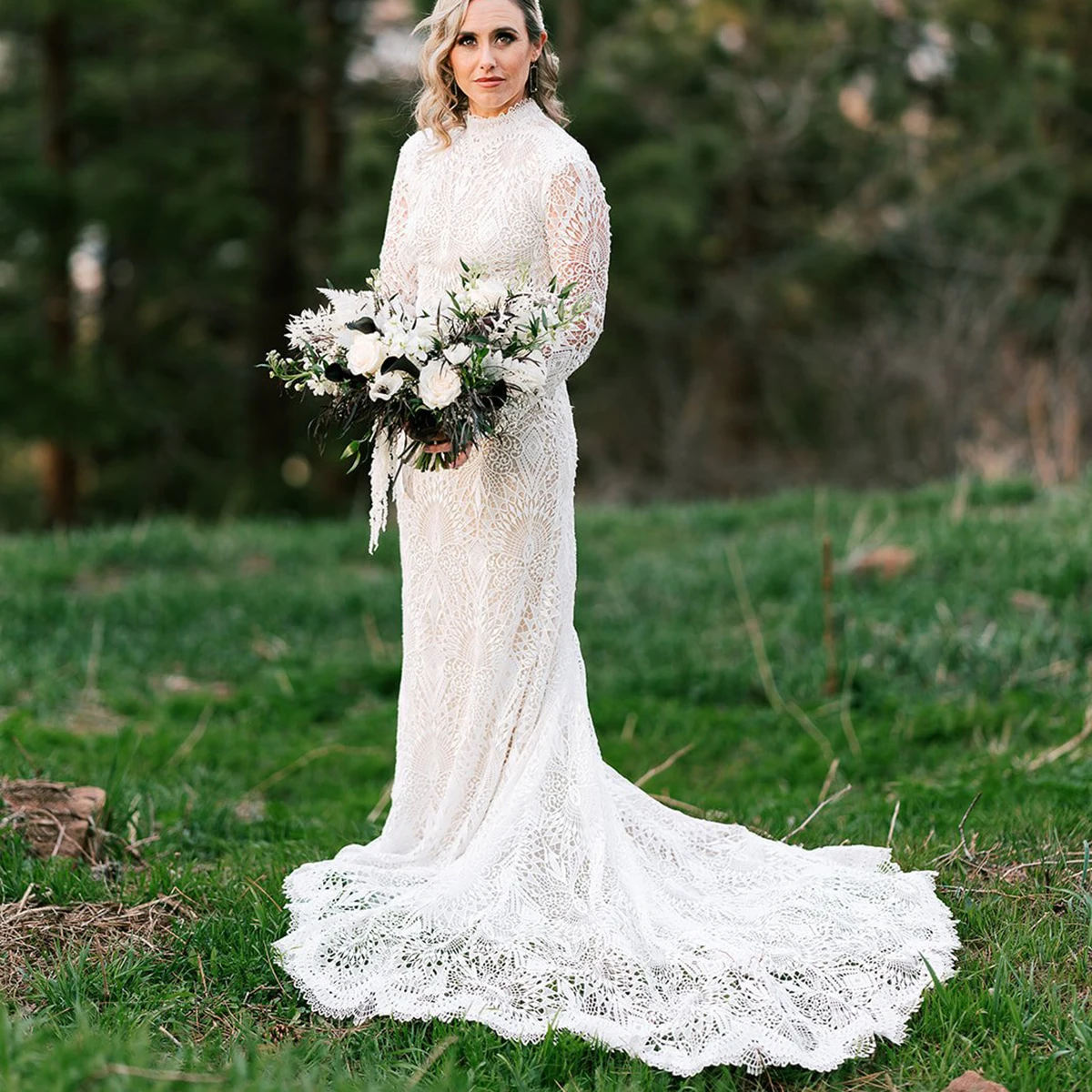 True Photos Boho Long Sleeves High Illusion Neck Wedding Dress Customized Fitted Mermaid Closed Back Modest Lace Bridal Gowns