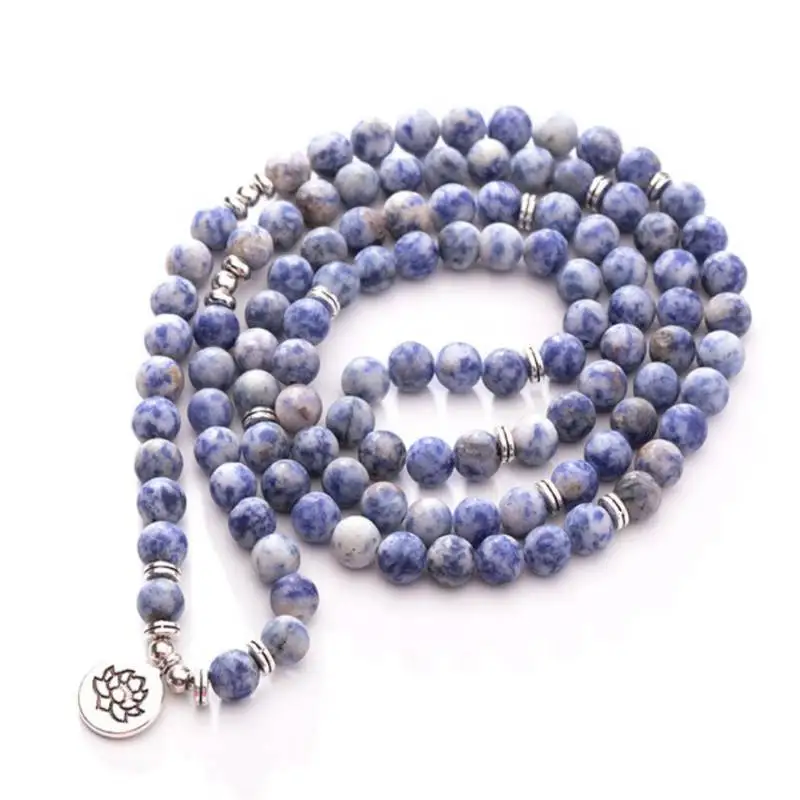 

Natural Sodalite 108 Beads Mala Necklace with Lotus Charm Spiritual Meditation Jewelry