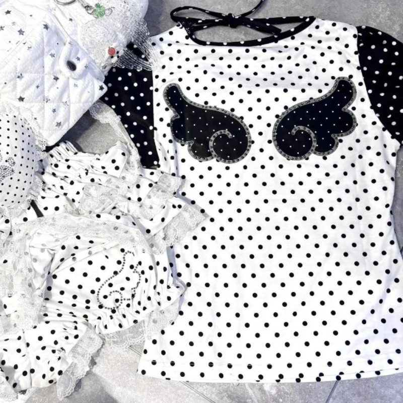 

Deeptown Harajuku Japanese Style T-shirts Women Kawaii Y2k Polka Dot Print Tees Vintage White Short Sleeve T-shirts Streetwear
