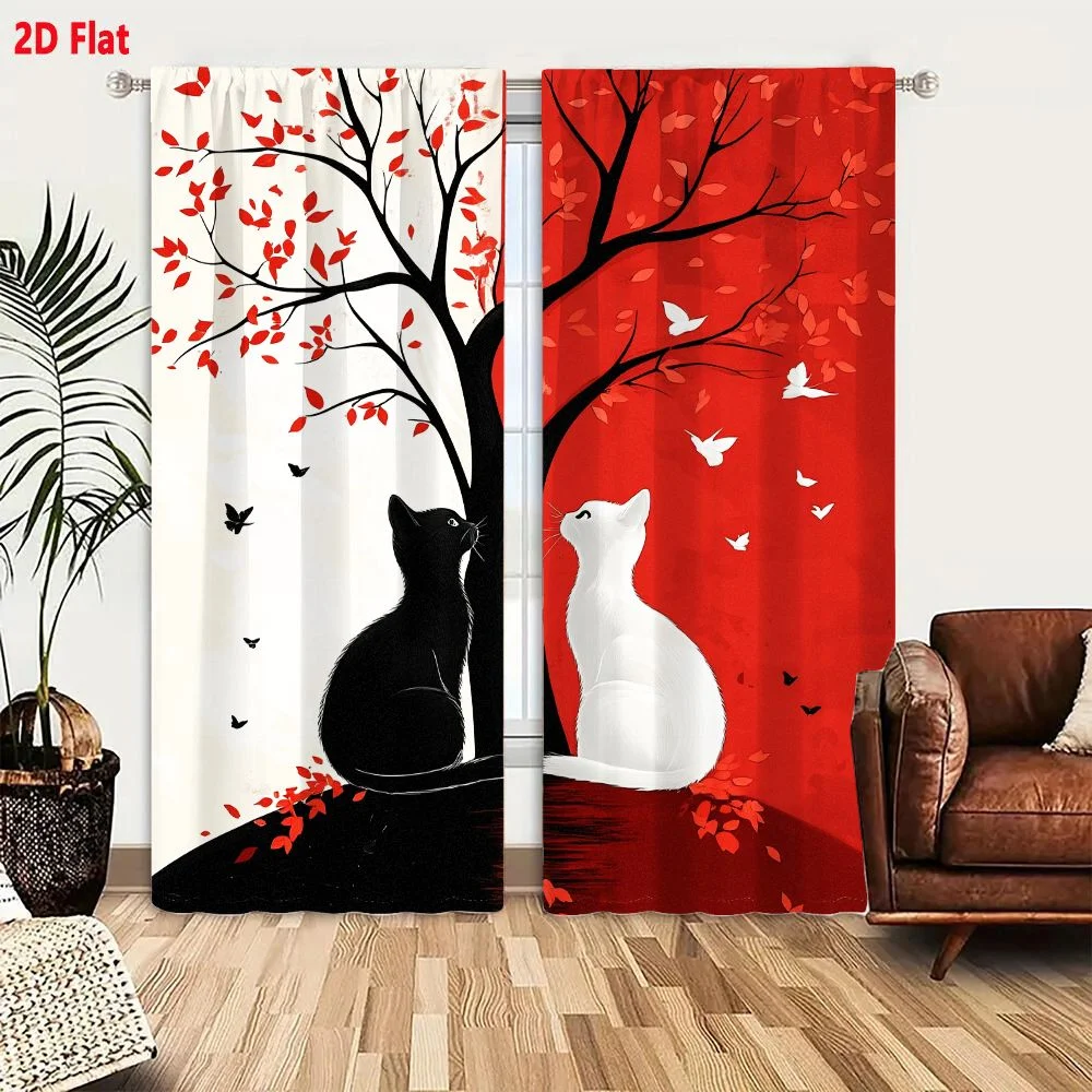 2Pcs Curtains 2D Flat Stylized Digital Illustration Of Two Cats Sitting Back-To-Back Beneath A Large Bare Tree With Contrasting